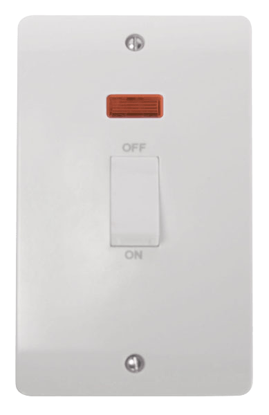 CMA503 - 45A 2 Gang (Vertical) DP Plate Switch With White Rocker & Neon