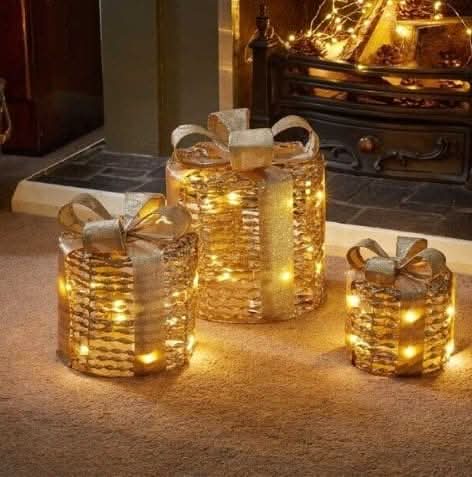 Christmas Gift Boxes Gold LED Light 3pc Festive Decor