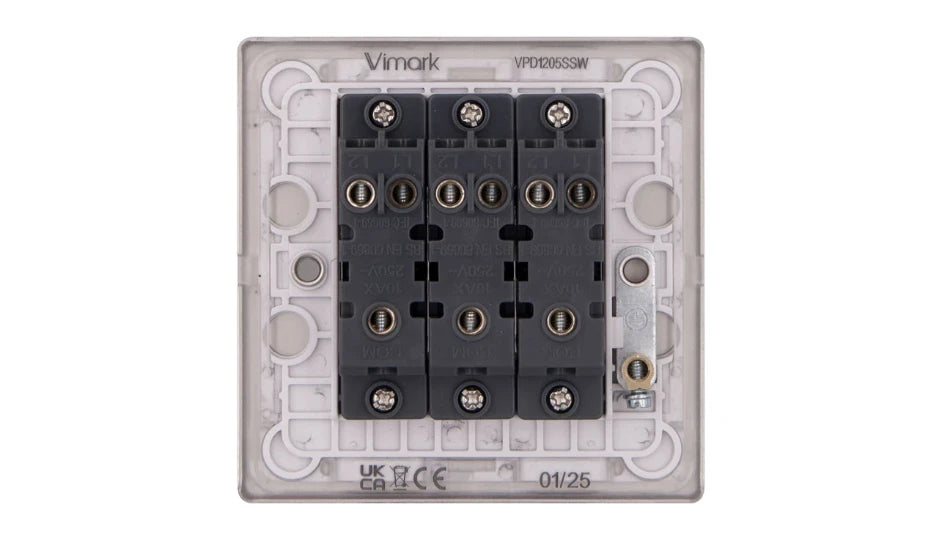 VPD1205SSW - Pro Décor 3 Gang 2 Way 10AX Plate Switch Stainless Steel White Insert
