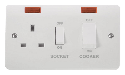 CMA505 - 45A 2 Gang DP Switch With 13A DP Switched Socket Outlet, White Rockers & Neons