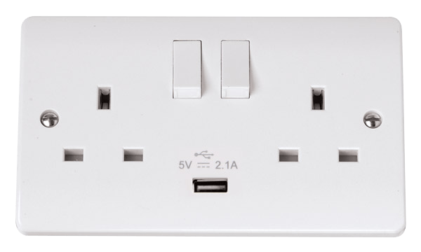 CMA770 - 13A 2 Gang Switched Socket Outlet With Single 2.1A USB Outlet
