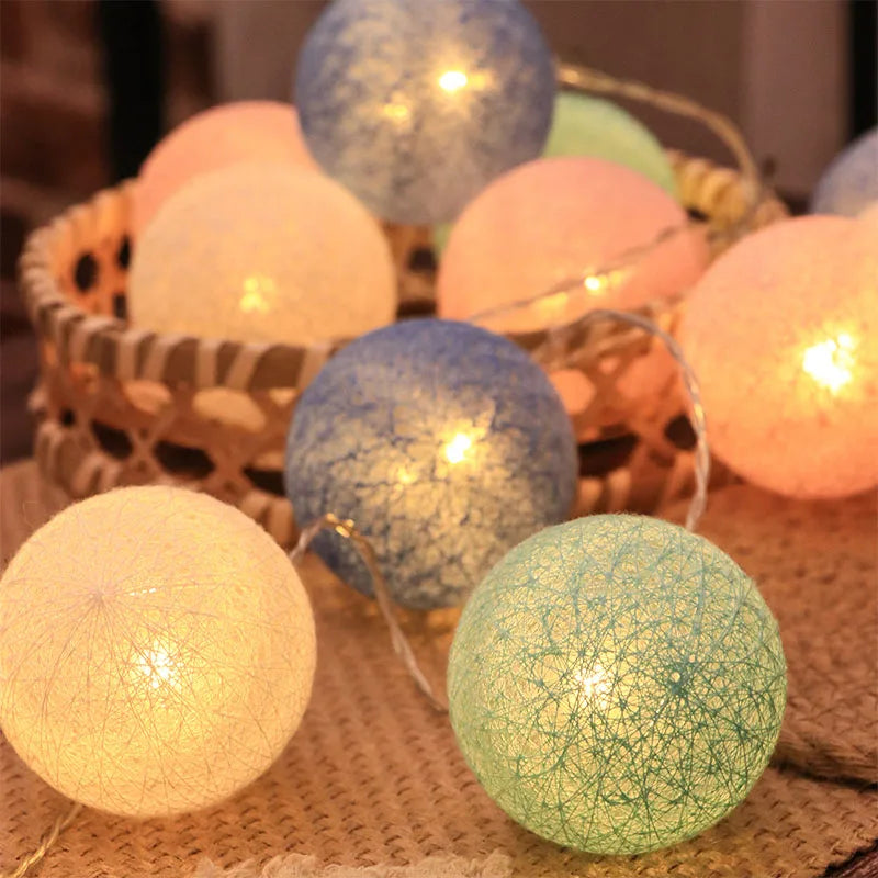 Christmas Cotton Ball Decorative String Light Handmade DIY Thread
