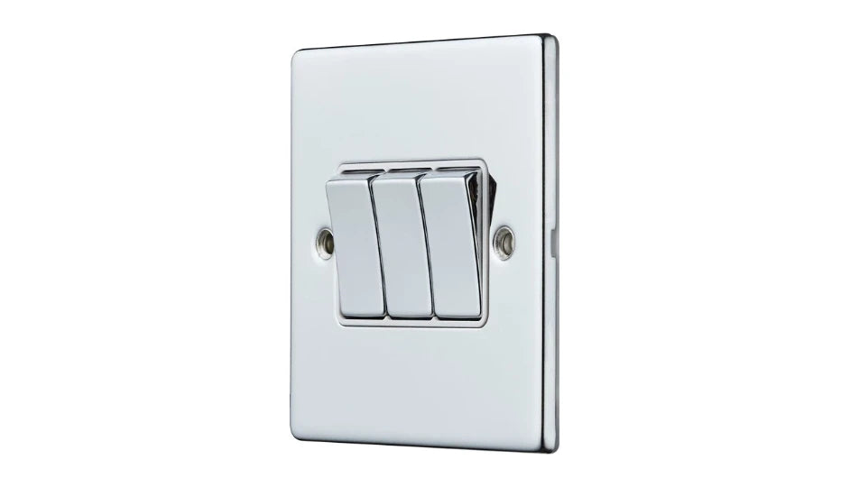 VPD1205CHW - Pro Décor 3 Gang 2 Way 10AX Plate Switch Chrome White Insert