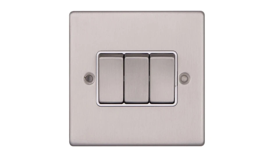 VPD1205SSW - Pro Décor 3 Gang 2 Way 10AX Plate Switch Stainless Steel White Insert
