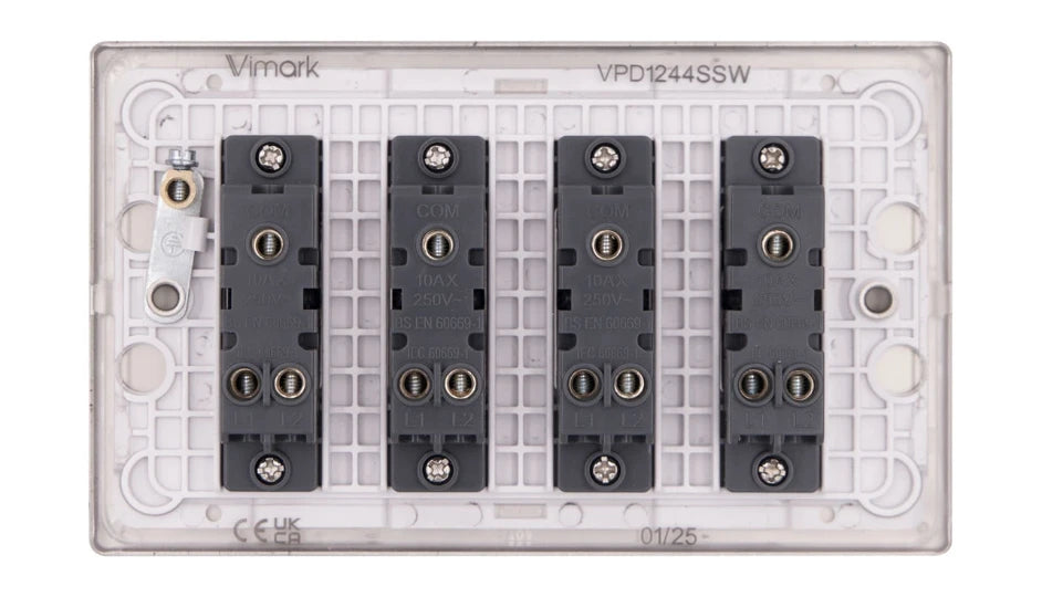 VPD1244SSW - Pro Décor 4 Gang 2 Way 10AX Plate Switch Stainless Steel White Insert