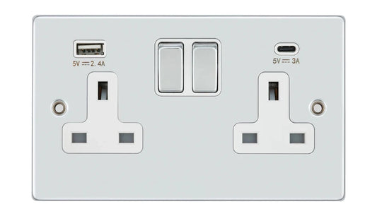 VPD1289CHW - Pro Décor 2 Gang 13A Switched Socket SP with 2 USB Ports (1 x Type A + 1 Type C, 4.8A) Chrome White Insert