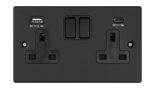 VPD1289MBB - Pro Décor 2 Gang 13A Switched Socket SP with 2 USB Ports (1 x Type A + 1 Type C, 4.8A) Matt Black