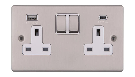 VPD1289SSW - Pro Décor 2 Gang 13A Switched Socket SP with 2 USB Ports (1 x Type A + 1 Type C, 4.8A) Stainless Steel White Insert