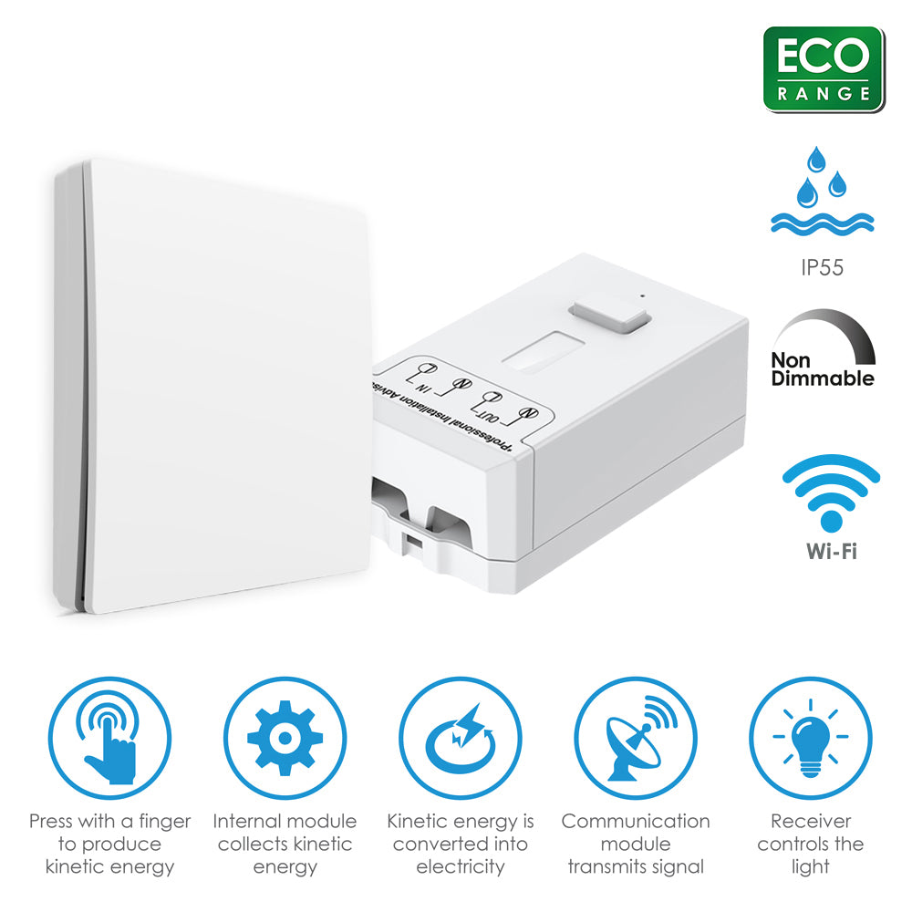 WS1062X - 1 Gang Wireless Kinetic Switch And 500W RF WI-FI Non Dimmable Receiver in 1 pack
